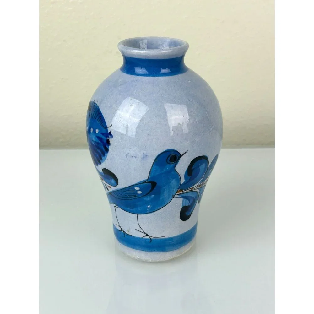 Tonala Made in Mexico Blue Bird Pottery Vase Home Decor Hand Painted 6.25" - Picture 9 of 14